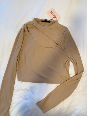 Missguided Taupe Ribbed Long Sleeve Top with Cutout